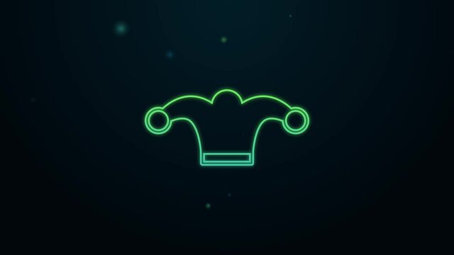 Glowing neon line Jester hat with bells isolated on black background. Clown icon. Amusement park funnyman sign. 4K Video motion graphic animation