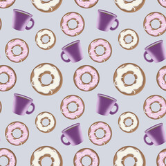 Purple mug of Coffee and Donuts. Pattern