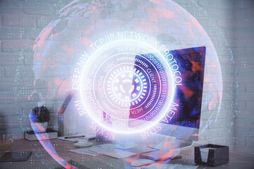 Double exposure of tech theme drawings and office interior background. Technology concept.