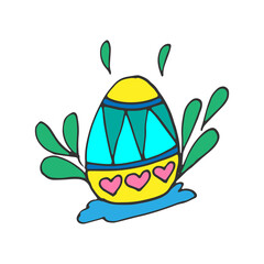Fototapeta premium cute easter egg with green grass illustration on white background. hand drawn vector. doodle art for logo, cover, poster, banner, poster, backdrop, sticker, clipart. beautiful design template. 