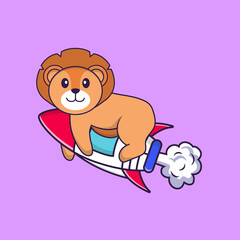 Cute lion flying on rocket. Animal cartoon concept isolated. Can used for t-shirt, greeting card, invitation card or mascot. Flat Cartoon Style