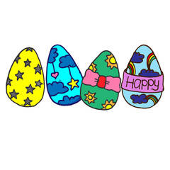 four colorful easter eggs illustration on white background. cute and beautiful egg. hand drawn vector. doodle art for logo, cover, poster, banner, sticker, clipart, wallpaper, greeting, postcard. 