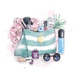 Striped cosmetic bag with beauty products. Makeup artist day illustration. Travel kit of woman. Watercolor hand drawn set isolated on white background. Lipstick, lacquer, lotion. Aquarelle painting.