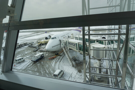 Image view from aircraft Thai Airways Boeing 777-300ER in New Chitose Airport are ready to take off
