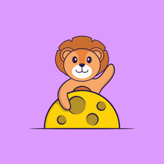 Cute lion is on the moon. Animal cartoon concept isolated. Can used for t-shirt, greeting card, invitation card or mascot. Flat Cartoon Style