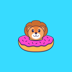 Cute lion with a donut on his neck. Animal cartoon concept isolated. Can used for t-shirt, greeting card, invitation card or mascot. Flat Cartoon Style