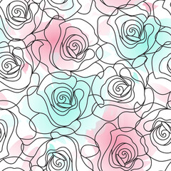 linear roses with watercolors make up a seamless pattern