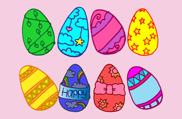 colorful easter eggs collection on pink background. hand drawn vector. cute and fresh pattern. doodle art for wallpaper, cover, poster, banner, greeting, postcard, clipart. easter egg illustration. 