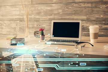 Multi exposure of data theme drawing and office interior background. Concept of technology.