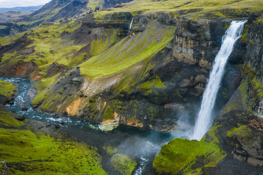 Gorge with Granni waterfall. Waterfall in a narrow gorge in the Thjorsardalur valley in Iceland