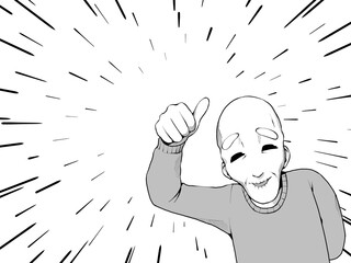 漫画風_親指を立てて「いいね」するおじいさん_集中線あり