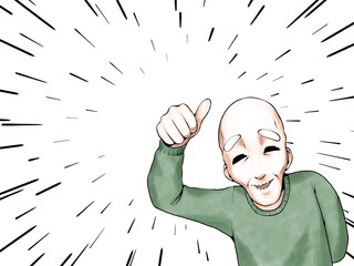 漫画風カラー_親指を立てて「いいね」するおじいさん_集中線あり