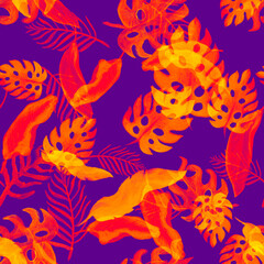 Fototapeta na wymiar Monstera Pattern Backdrop. Purple Seamless Backdrop. Nature Painting. Neon Watercolor Plant. Tropical Print. Floral Plant. Summer Illustration.Isolated Design.