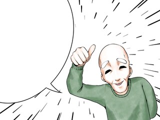 漫画風カラー_親指を立てて「いいね」するおじいさん_集中線・吹き出しあり