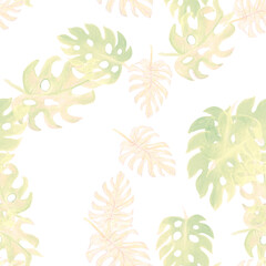 Gray Monstera Background. Pink Seamless Textile. Beige Tropical Decor. Pattern Painting. Watercolor Monstera. Floral Decor. Summer Set. Isolated Textile.