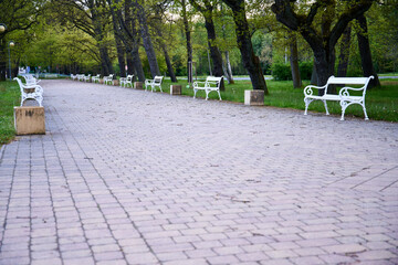 white benches in Frantiskovy lazne                              
