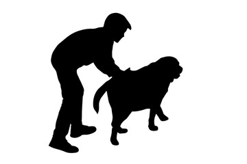Black Silhouette of a boy and a Labrador dog on a white background. Eight-year-old boy stroking his pet on the back. Vector illustration.