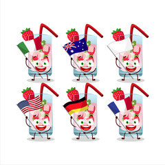 Strawberry mojito cartoon character bring the flags of various countries