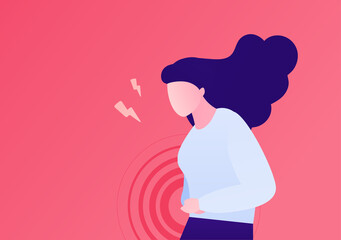 Painful female periods concept. Vector flat character illustration. Woman standing and suffering menstrual abdominal pain isolated on pink background. Design for health care. - obrazy, fototapety, plakaty