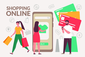Shopping online. People choosing and buying clothes at the online store. Vector illustration concept.