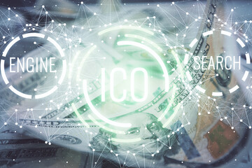 Multi exposure of crypto theme drawing over us dollars bill background. Concept of blockchain success.