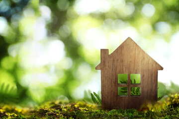 Eco friendly home. House model on green grass outdoors, space for text