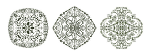 Watercolor illustration green outline traditional tribal sicilian majolica rococo isolated arrangement elements