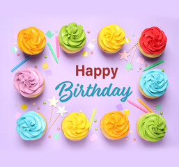 Happy Birthday! Colorful cupcakes on lilac background, flat lay