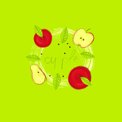 Frame with red apples. Apple. Apple slices. Apple seeds. Simple illustration. Vector drawing. Vector set. Abstraction.