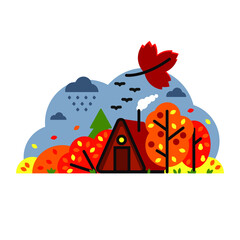 Vector autumn landscape. Country house in the autumn garden.