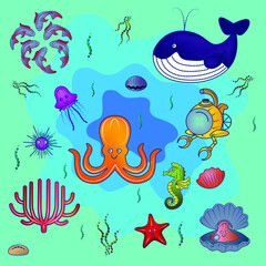 Fototapeta na wymiar Fish and wild marine animals in ocean. Sea world dwellers, cute underwater creatures, coral reef inhabitants in their natural habitat, undersea fauna of tropics. Flat cartoon vector illustration.