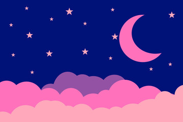 Obraz na płótnie Canvas Flat style illustration pink moon stars clouds background design. Good to use for banner, social media template, poster and flyer template, etc.