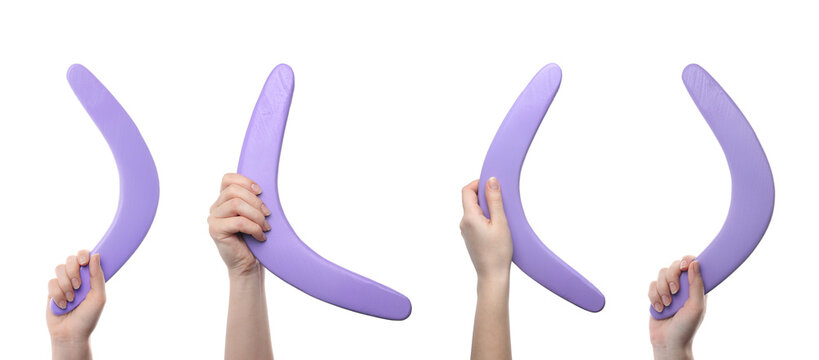 Collage with photos of women holding violet boomerangs on white background, closeup. Banner design