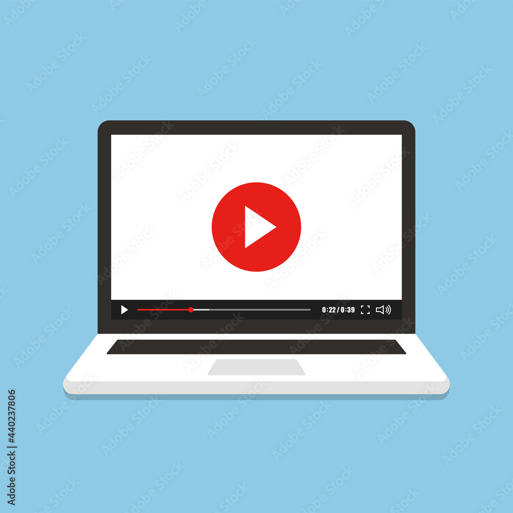 Poster laptop screen with video player in carton style. watch online video in screen computer. vector illus