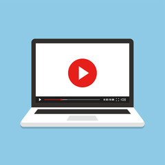 Laptop screen with video player in carton style. Watch online video in screen computer.  Vector illustration.