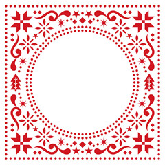 Christmas Scandinavian folk art vector greeting card border or frame pattern, red greeting card with Christmas trees, snowflakes, flowers and stars 