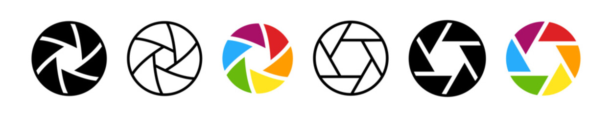Aperture icons set. Camera lens diaphragm icon symbols. Camera objective sign isolated. Photo focus icon collection. Vector illustration.