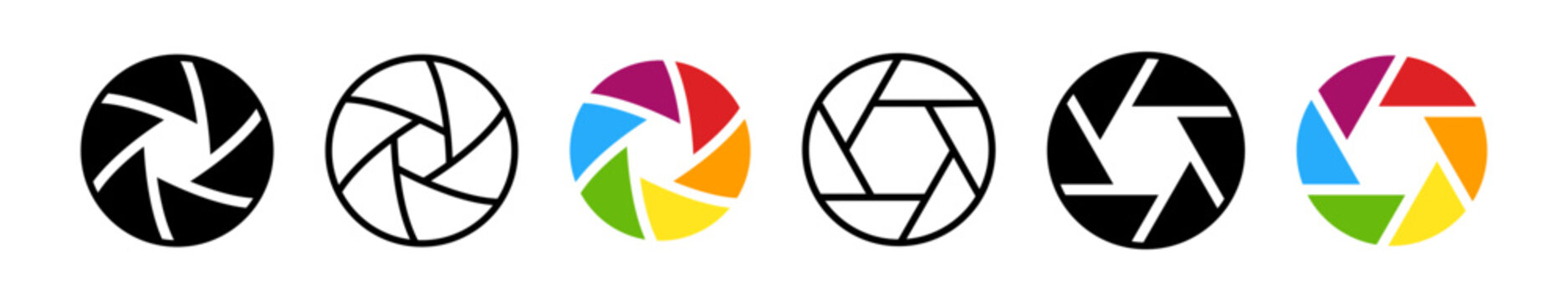 Aperture icons set. Camera lens diaphragm icon symbols. Camera objective sign isolated.  Photo focus icon collection. Vector illustration.