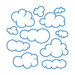 Clouds outline vector illustrations. Different shape cartoon style drawing clouds isolated on white background.