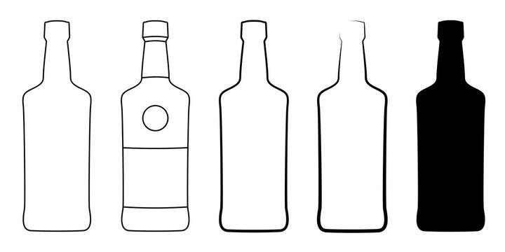 Set of black contour images of alcohol  bottles on an isolated white background.