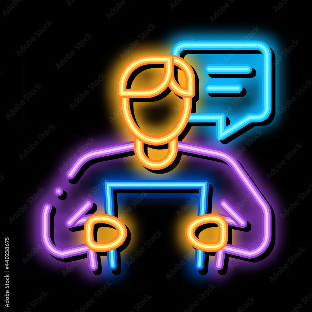 Poster speaker reading from paper list neon light sign vector. glowing bright icon speaker reading from pap