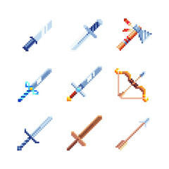 Ancient sword. Medievalist weapons, hatchet, bow and arrow. Pixel art style icon, isolated vector illustration. Design for sticker, mobile app and logo. Game assets 8-bit