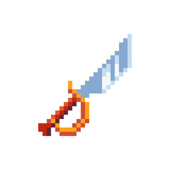 Saber icon. Pixel art flat style. Cartoon medieval sword pirates. 8-bit. Isolated vector illustration. Game assets.