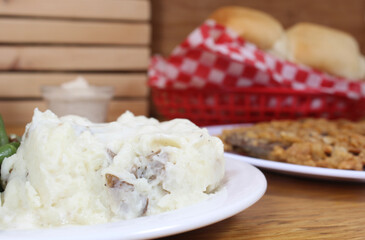 Mashed Potatoes and Green Beans in Rural Cafe Restaurant