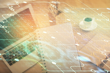 Multi exposure of woman hands working on computer and data theme hologram drawing. Tech concept.