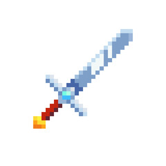 Ancient sword. Medievalist weapons. Pixel art style icon, isolated vector illustration. Design for sticker, mobile app and logo. Game assets 8-bit sprite.