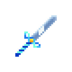 Ancient sword. Medievalist weapons. Pixel art style icon, isolated vector illustration. Design for sticker, mobile app and logo. Game assets 8-bit sprite.