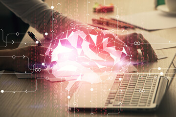 Multi exposure of woman hands working on computer and human brain hologram drawing. Ai tech concept.