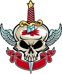 skull punched by dagger, wings and banner