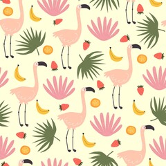 Seamless pattern with cartoon flamingo, leaves, fruits, decor elements. colorful vector for kids. hand drawing, flat style. baby design for fabric, print, textile, wrapper